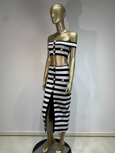 Women Stripe Off Shoulder Crop Top and High Waist Skirt Two Piece Sets Celebrity Evening Club Party Outfits