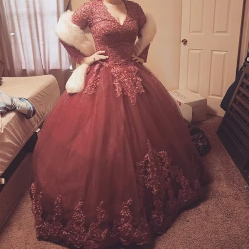 41N-UBX21VL.jpg Juniors' Long Sleeve Quinceanera Dresses V Neck Puffy Ball Gown Sweet 16 Lace Prom Dresses for Teens