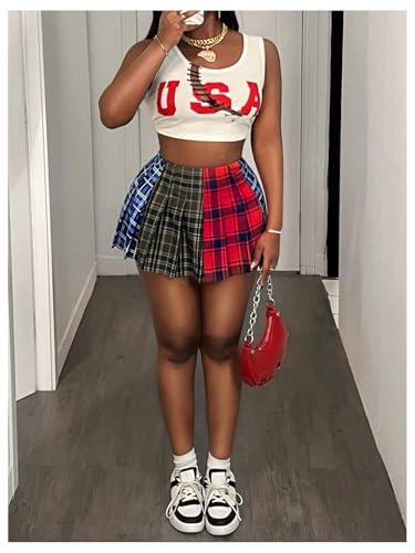 41NWmaxslJL.jpg Women's Plaid Pleated Mini Skirt High Waisted A Line Y2k Skater Skirts