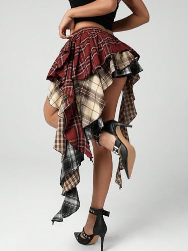 Plaid Skirts for Women Ruffle Asymmetrical Layered Hem Y2k Skirt with Shorts Underneath