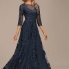 Lace Appliques Mother of The Bride Dresses Long with 3/4 Sleeve Beaded Scoop Neck Formal Gowns