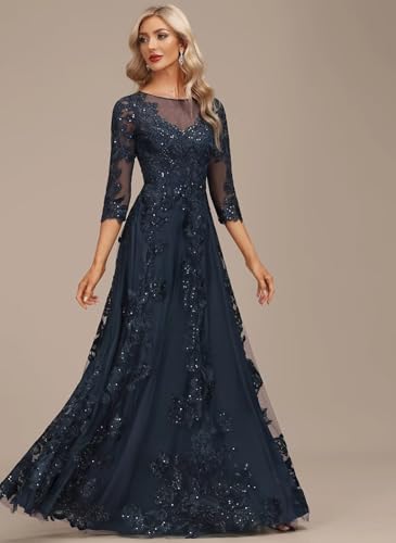 41O0qnwzBRL.jpg Lace Appliques Mother of The Bride Dresses Long with 3/4 Sleeve Beaded Scoop Neck Formal Gowns