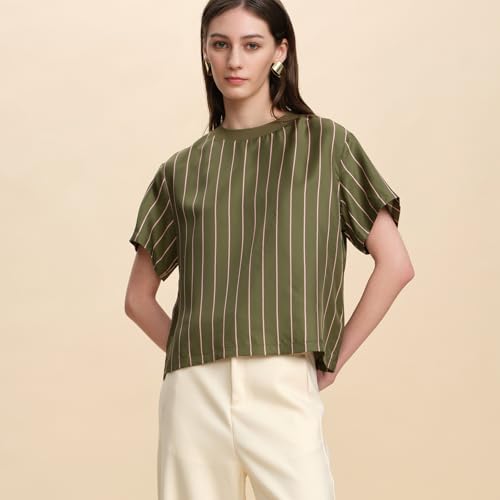 Women 100% Silk Tee Shirts Short Sleeve Striped T-Shirt Summer Business Casual Mulberry Silk Tshirts Crewneck Tops