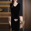 Women 100% Cashmere Wool Dress Sweater Long High-Grade Knitted V-Neck Pullover Solid Wool Dress
