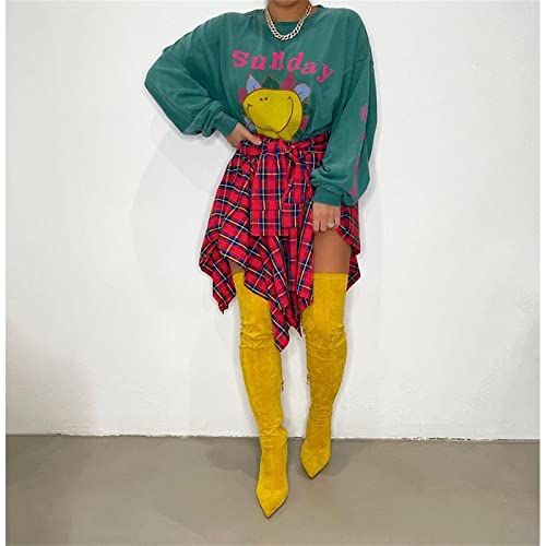 Women's Plaid Skirts High Waisted Knot Front Asymmetrical Hem Mini Skater Skirt