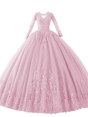 Juniors' Long Sleeve Quinceanera Dresses V Neck Puffy Ball Gown Sweet 16 Lace Prom Dresses for Teens