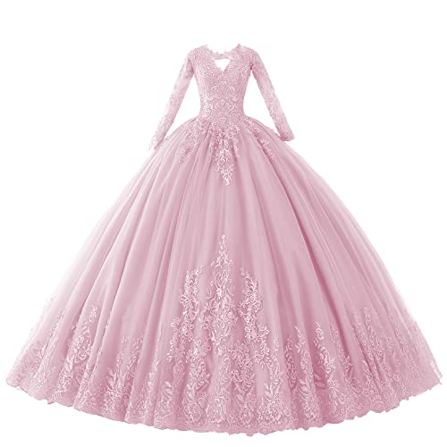 41ORtQOsikL.jpg Juniors' Long Sleeve Quinceanera Dresses V Neck Puffy Ball Gown Sweet 16 Lace Prom Dresses for Teens