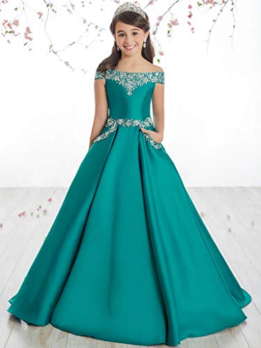 Flower Girls Off The Shoulder Pageant Dresses Long Princess Birthday Formal Party Ball Gowns Aline with Pockets