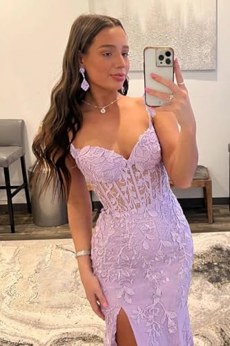 41P-RJUbReL.jpg Women's Lace Mermaid Prom Dresses Long with Slit Mermaid Spaghetti Straps Backless Formal Evening Gowns YZTS099