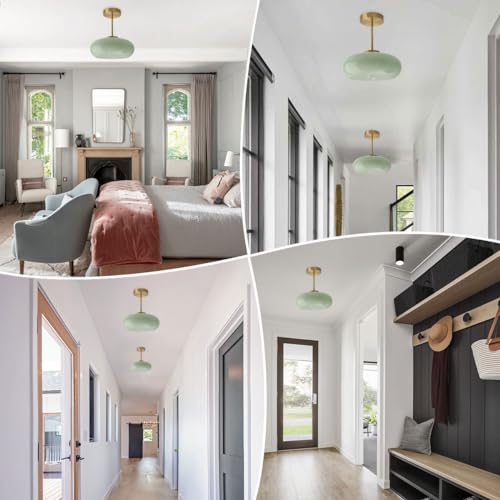 Milk Ceiling Light mid Century Modern Ceiling Light fixtures with Milk Green Glass Shade Gold Semi Flush Mount Ceiling Light,