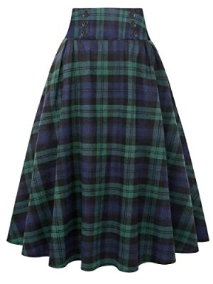 Plaid Skirt for Womens High Waist Aline Pleated Midi Skirts