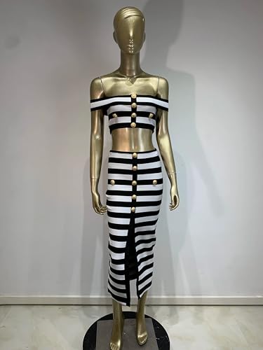 Women Stripe Off Shoulder Crop Top and High Waist Skirt Two Piece Sets Celebrity Evening Club Party Outfits