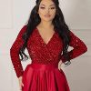 Women's Sparkly Sequin Prom Ball Gown with Pockets Long Sleeve Satin Formal Evening Dress with Slit YMS224