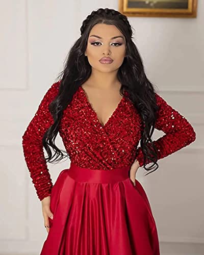 41QVjU39DcL.jpg Women's Sparkly Sequin Prom Ball Gown with Pockets Long Sleeve Satin Formal Evening Dress with Slit YMS224
