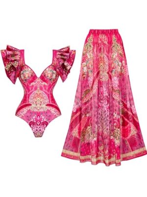 41QhDffWF4L.jpg Ruffle Blue and White Porcelain Pattern Majolica Print One Piece Swimsuit and Skirt/Sarong