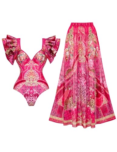 Ruffle Blue and White Porcelain Pattern Majolica Print One Piece Swimsuit and Skirt/Sarong