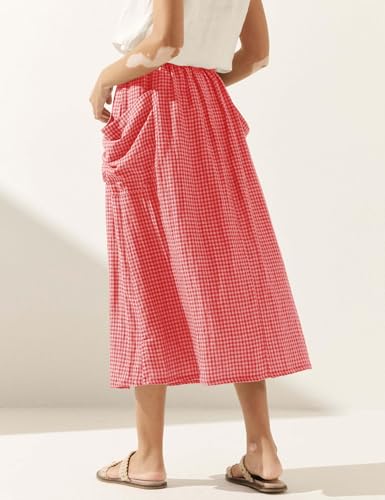 41RaURbZ9XL.jpg Plaid Skirts for Women Elastic Waist Midi Skirt with Pockets Vintage Flowy Gingham Long Skirt