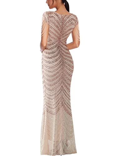 Women 1920s Plus Size Formal Dress Tassels Sleeve Sequins Gatsby Maxi Evening Gown