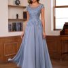Women's Lace Applique Mother of The Bride Dress Cap Sleeves Round Neck Evening Gown NO195