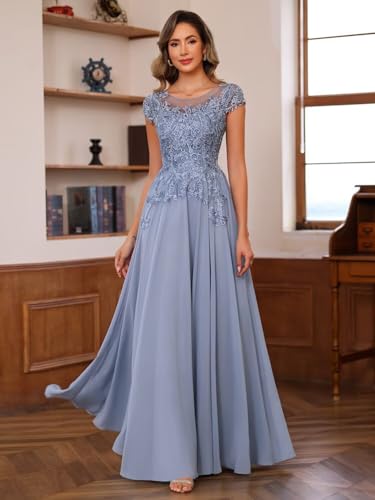 41S2Ukv56gL.jpg Women's Lace Applique Mother of The Bride Dress Cap Sleeves Round Neck Evening Gown NO195