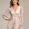 Women's Elegant A Line Ruched V Neck Long Sleeves Tea-Length Wedding Guest Dresses 01977