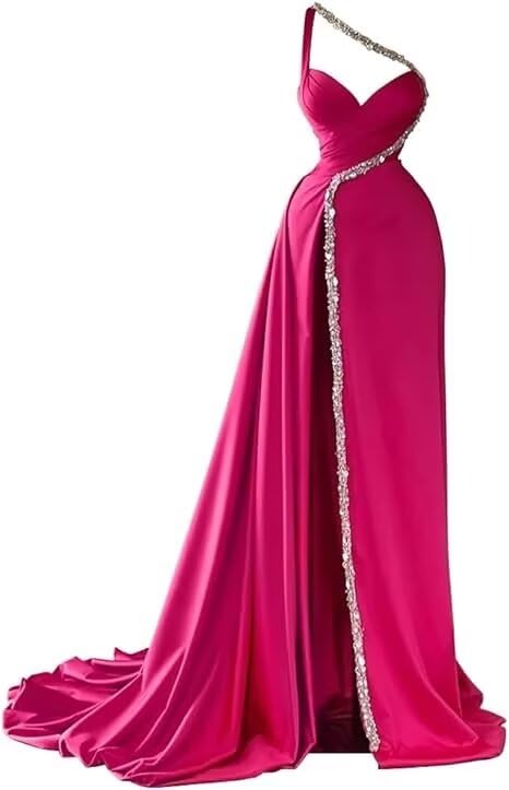 One Shoulder Satin Prom Dresses Long Sparkly Beaded Formal Dresses Mermaid Evening Dress with High Split