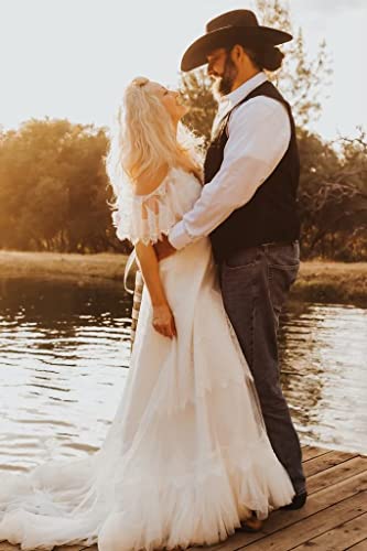 41SgrTlAt0L.jpg Women's Wedding Dresses Chic Lace Evening Dresses V Neck Ruffle Sleeves Beachy Boho Outdoorsy Wedding Gowns
