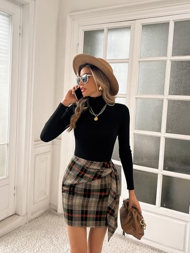 Women's Plaid Skirt Elastic High Waist Bow Tie Stretch Bodycon Pencil Mini Skirts