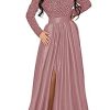 Women's Sparkly Sequin Prom Ball Gown with Pockets Long Sleeve Satin Formal Evening Dress with Slit YMS224