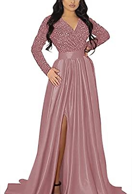 Women's Sparkly Sequin Prom Ball Gown with Pockets Long Sleeve Satin Formal Evening Dress with Slit YMS224