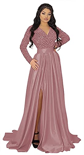 41T7oJRkcqL.jpg Women's Sparkly Sequin Prom Ball Gown with Pockets Long Sleeve Satin Formal Evening Dress with Slit YMS224