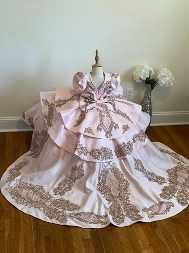 Vintage Gold Embellishment Mini Quinceanera Prom Pageant Dresses for Little Girls Toddler Cupcake Long Train