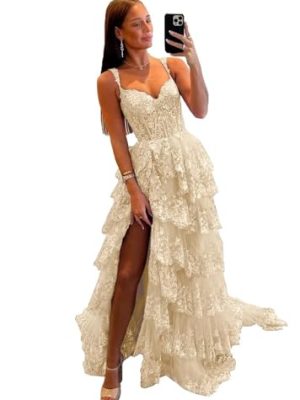 Glitter Tiered Tulle Lace Prom Dresses Long for Teens 2024 Spaghetti Straps Formal Wedding Evening Gowns VS035