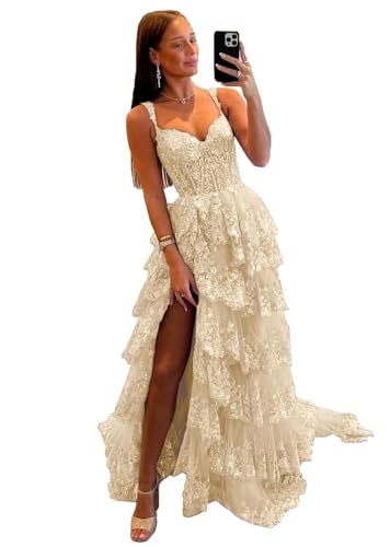 41ToAKvab5L.jpg Glitter Tiered Tulle Lace Prom Dresses Long for Teens 2024 Spaghetti Straps Formal Wedding Evening Gowns VS035