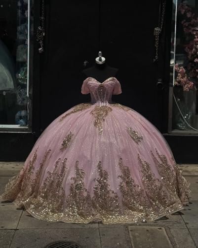 41TuLzyD40L.jpg Bling Sequined Pearls Gold Embellishment Ball Gown Sweet 16 Quinceanera Dresses 2025 Mexican XV