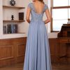 Women's Lace Applique Mother of The Bride Dress Cap Sleeves Round Neck Evening Gown NO195