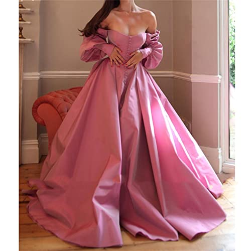 41UcWF3GsSL.jpg Long Puffy Sleeve Prom Dresses Princess Ball Gown for Women Satin Formal Party Wedding Evening Dress