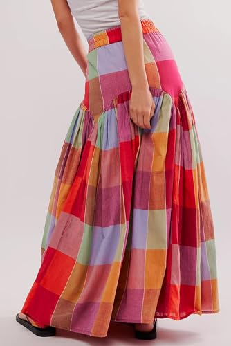 Women's Multicolour Plaid Print Ruched High Waist Casual Maxi Skirt