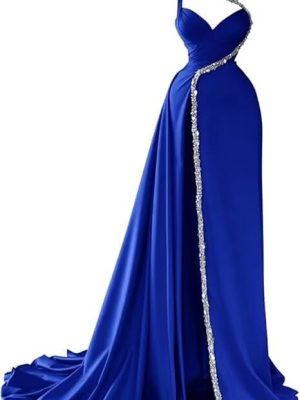 One Shoulder Satin Prom Dresses Long Sparkly Beaded Formal Dresses Mermaid Evening Dress with High Split