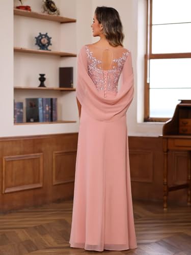 41XUcvijbgL.jpg Lace Appliques Mother of The Bride Dress for Women Long Chiffon Cape Sleeve Lace Mother Groom Dresses RO209