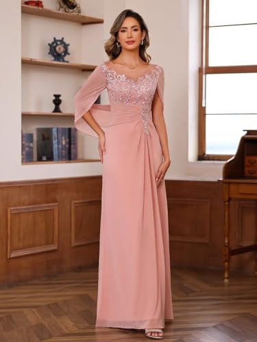 41YNZG6hXPL.jpg Lace Appliques Mother of The Bride Dress for Women Long Chiffon Cape Sleeve Lace Mother Groom Dresses RO209