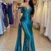 41YdhjAbrRL.jpg Off Shoulder Satin Prom Dresses Long 2025 Beaded Formal Dresses Pleated Evening Party Gown with Slit Tail