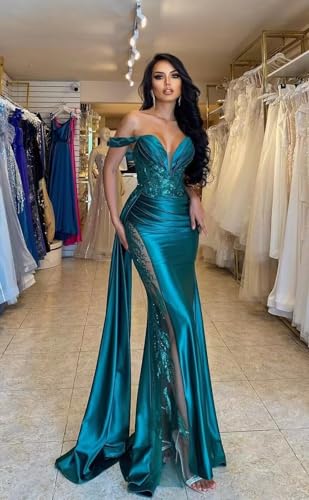 41YdhjAbrRL.jpg Off Shoulder Satin Prom Dresses Long 2025 Beaded Formal Dresses Pleated Evening Party Gown with Slit Tail