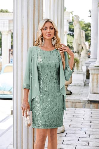 41ZD95gYP7L.jpg Women's Sequin Dress - Wedding Guest & Mother of The Bride Formal Dress - Two Piece Knee Length