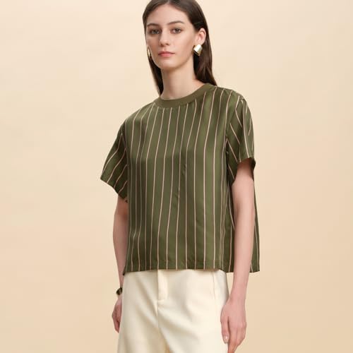 Women 100% Silk Tee Shirts Short Sleeve Striped T-Shirt Summer Business Casual Mulberry Silk Tshirts Crewneck Tops