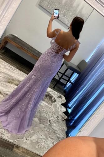 41aSjyVgSnL.jpg Women's Lace Mermaid Prom Dresses Long with Slit Mermaid Spaghetti Straps Backless Formal Evening Gowns YZTS099