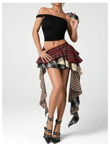 Women's Plaid Ruffle Mini Skirt Y2k A Line Layered Asymmetrical Hem Skirts with Shorts Underneath