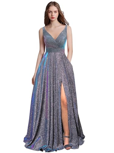 41bkdxwGyGL.jpg Prom Dresses Long for Women A Line with Pockets V Neck Formal Evening Ball Gown