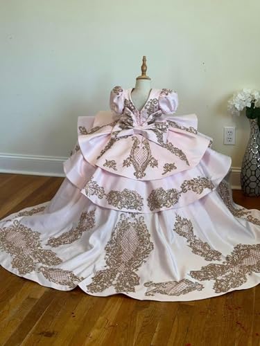 Vintage Gold Embellishment Mini Quinceanera Prom Pageant Dresses for Little Girls Toddler Cupcake Long Train