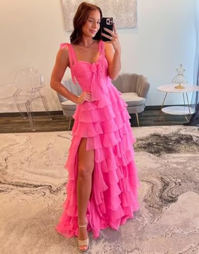 Tiered Prom Dresses 2025 with Slit Pleated Spaghetti Straps Long Chiffon Cocktail Dresses for Women